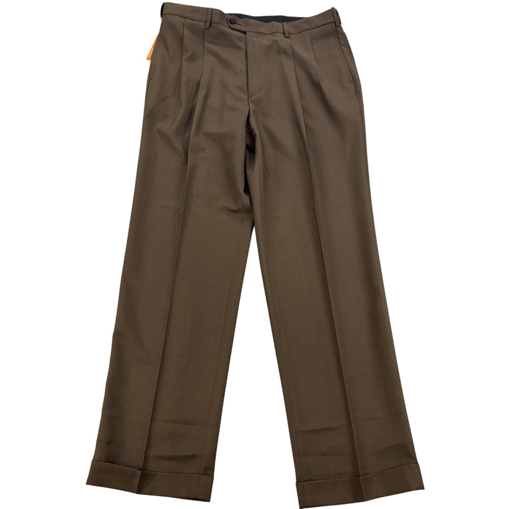 Savane Dress Pants Mens 36x32 Brown Comfort Waist Pleated Cuffed No Iron NEW $68